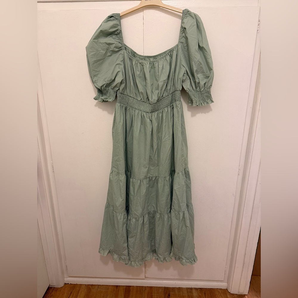 Sage Green Puff Sleeve Smocked Waist Cottagecore Romantic Dress EUC